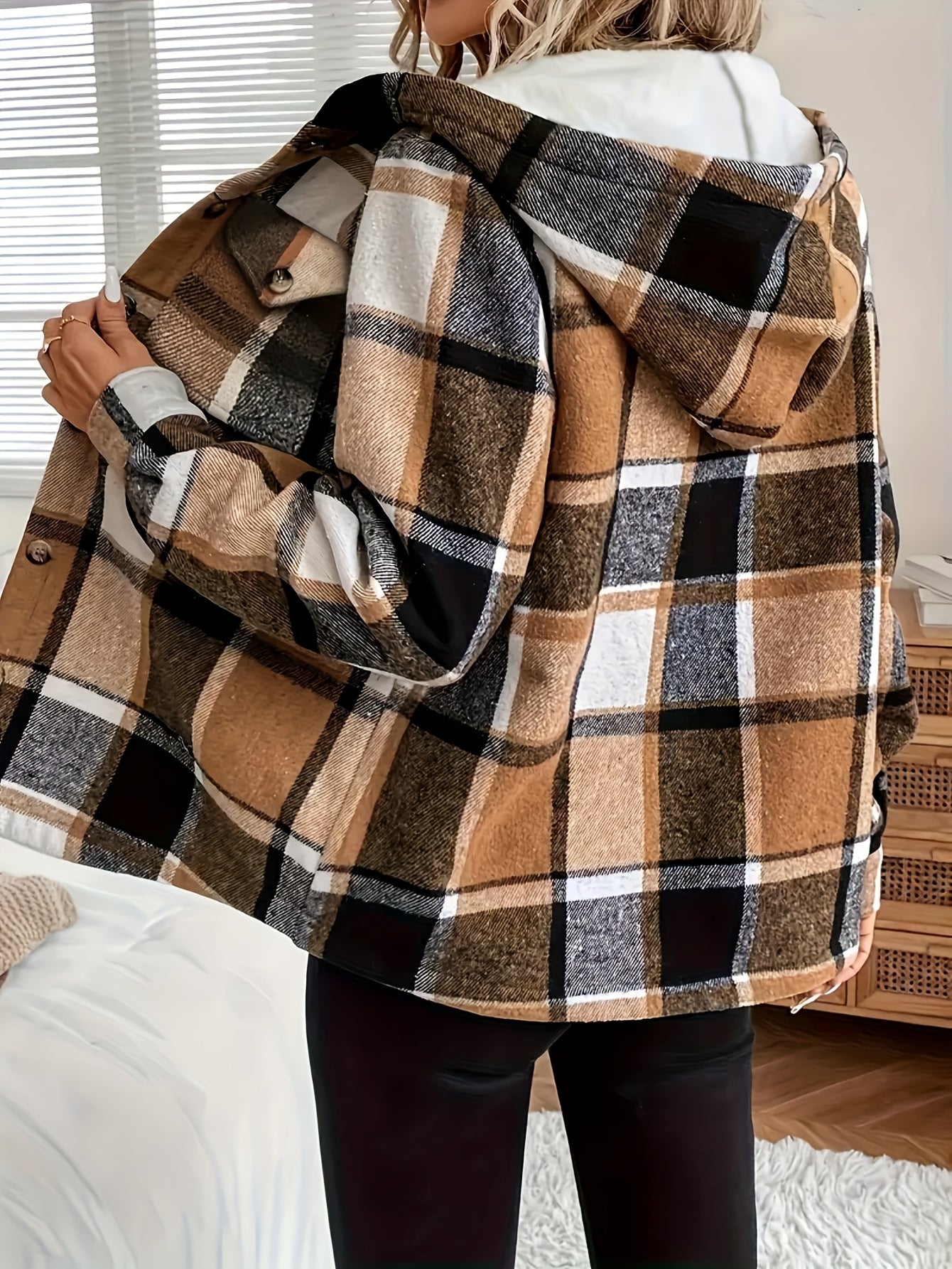 WCQ Women's Hooded Lined Retro Plaid Jacket Loose Fit Coat