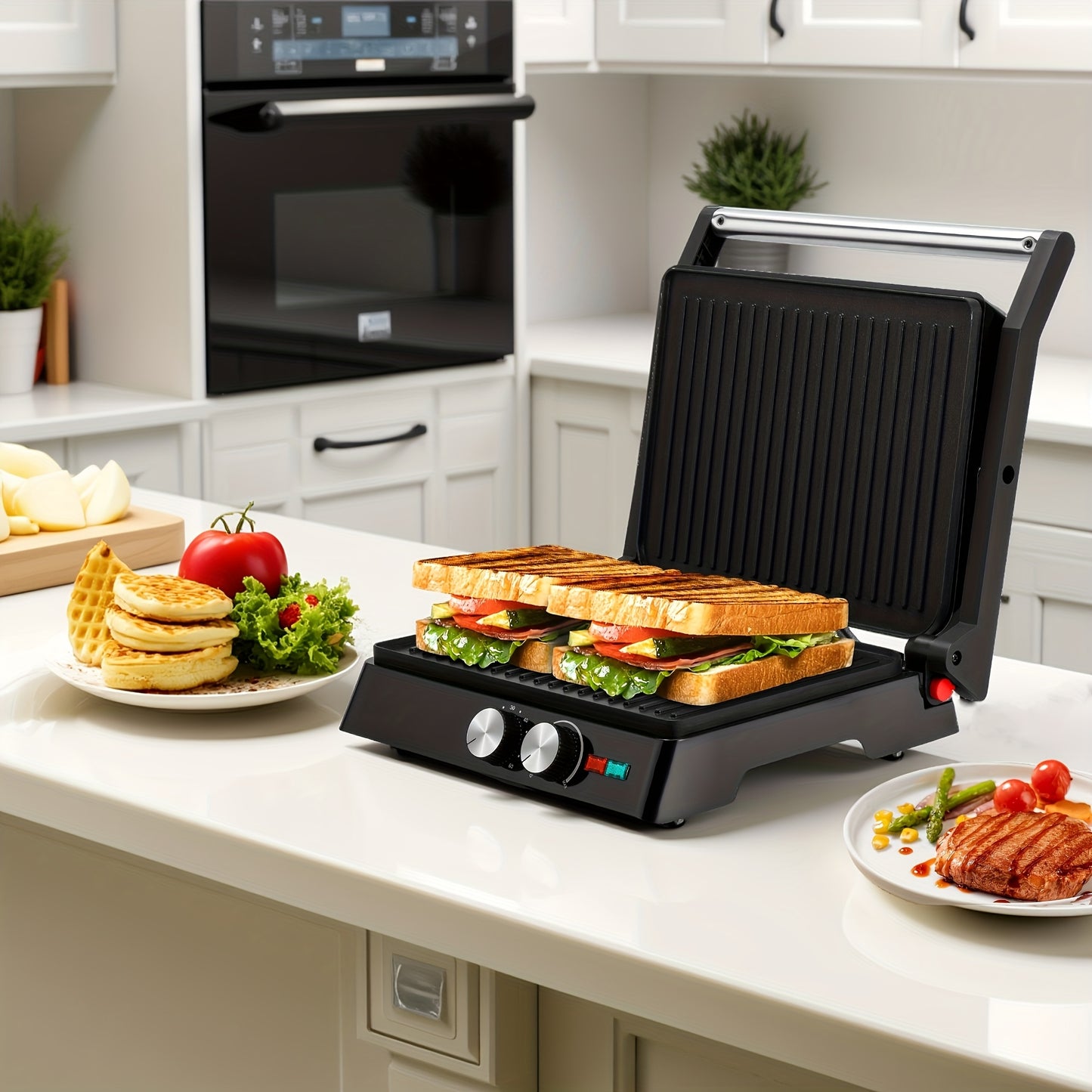 SUSTEAS 3-In-1 Electric Indoor Grill Panini Press With Nonstick Plates