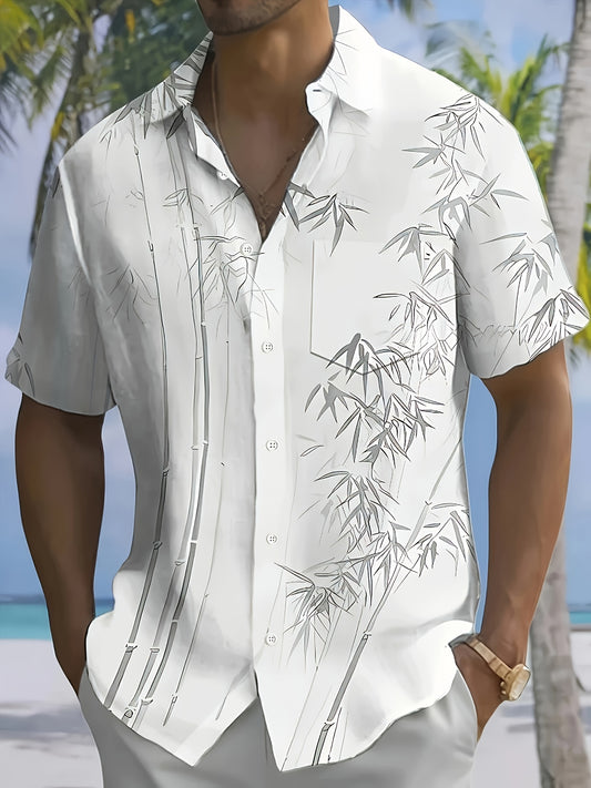 Men's Hawaiian Bamboo Leaf Print Short Sleeve Shirt Lightweight Breathable Fabric Button Up with Chest Pockets Regular Fit for Summer Vacation Beach Parties and Casual Outings