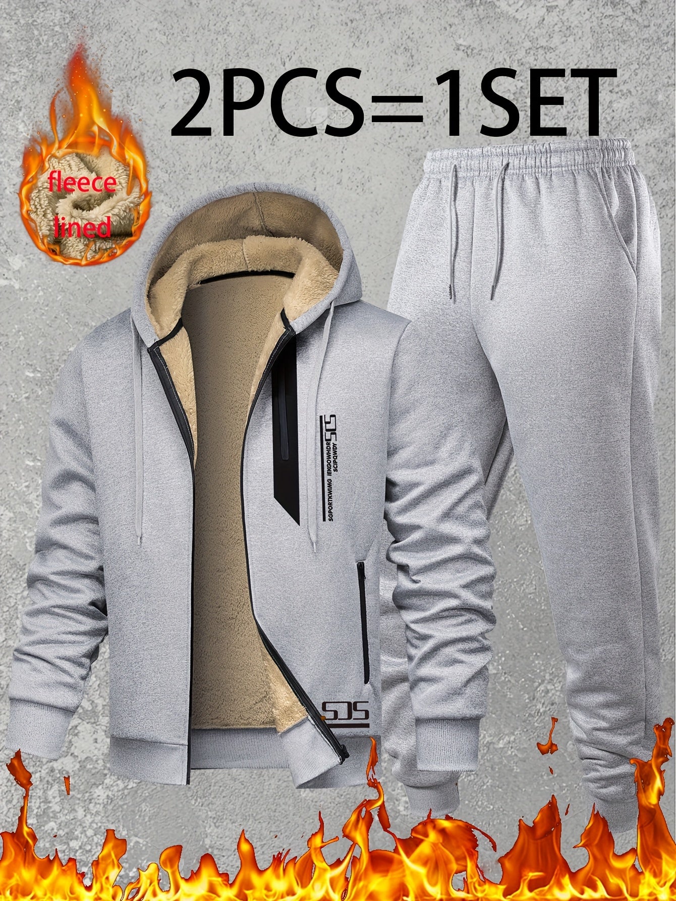 Men Thermal Fleece Jacket Set 2 Piece Full Zip Hooded Jacket And Jogger Pants