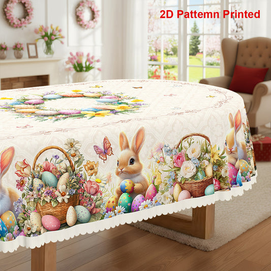 1pc, Easter Themed Party Tablecloth, Spring Summer Rabbit Butterfly Colored Eggs Daisy Floral Printed Design, Rectangular/Round/Oval Table Cloth, Embossed Edge, Suitable for Picnic Dinner Kitchen Dining Room Decoration