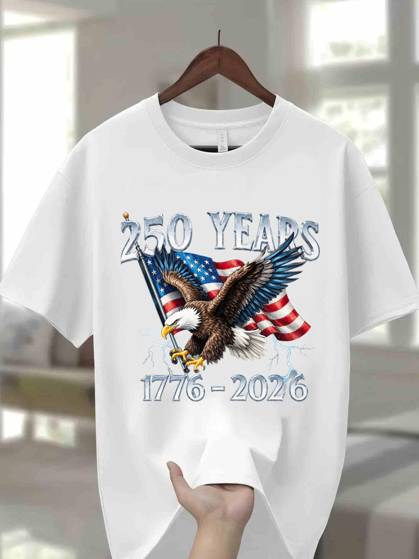 Navy Blue 100% Men's Round Neck T-Shirt with Eagle Pattern| 250 Years 1776- 2026 United States Flag Design, Ideal for Thanksgiving, Christmas, Summer, and Casual Attire, Men's Casual Comfortable T-Shirt