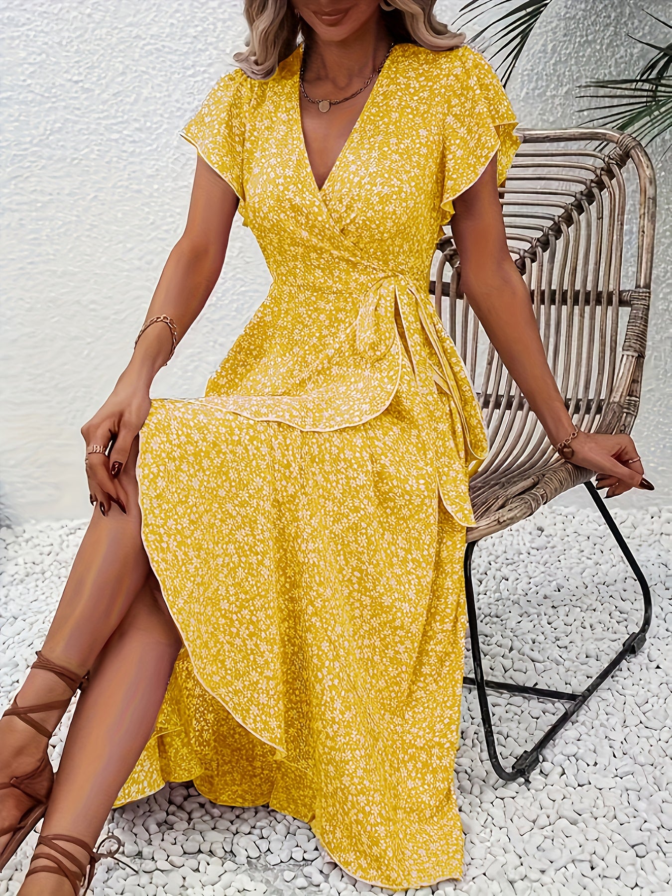 Elegant Women's V-Neck A-Line Midi Dress Machine Washable Polyester