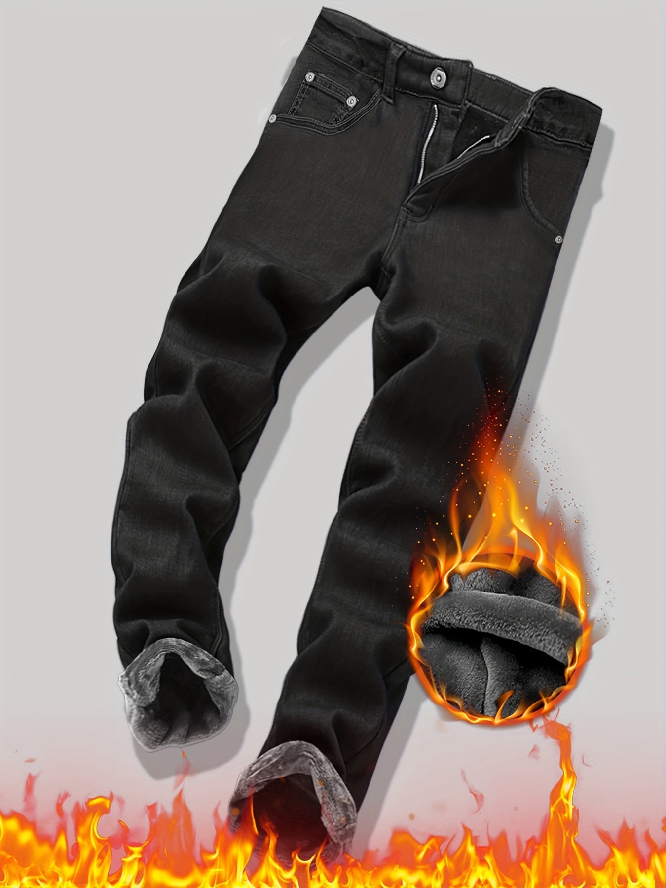 Men's Fleece-Lined Thermal Jeans Slim Fit For Winter Warmth