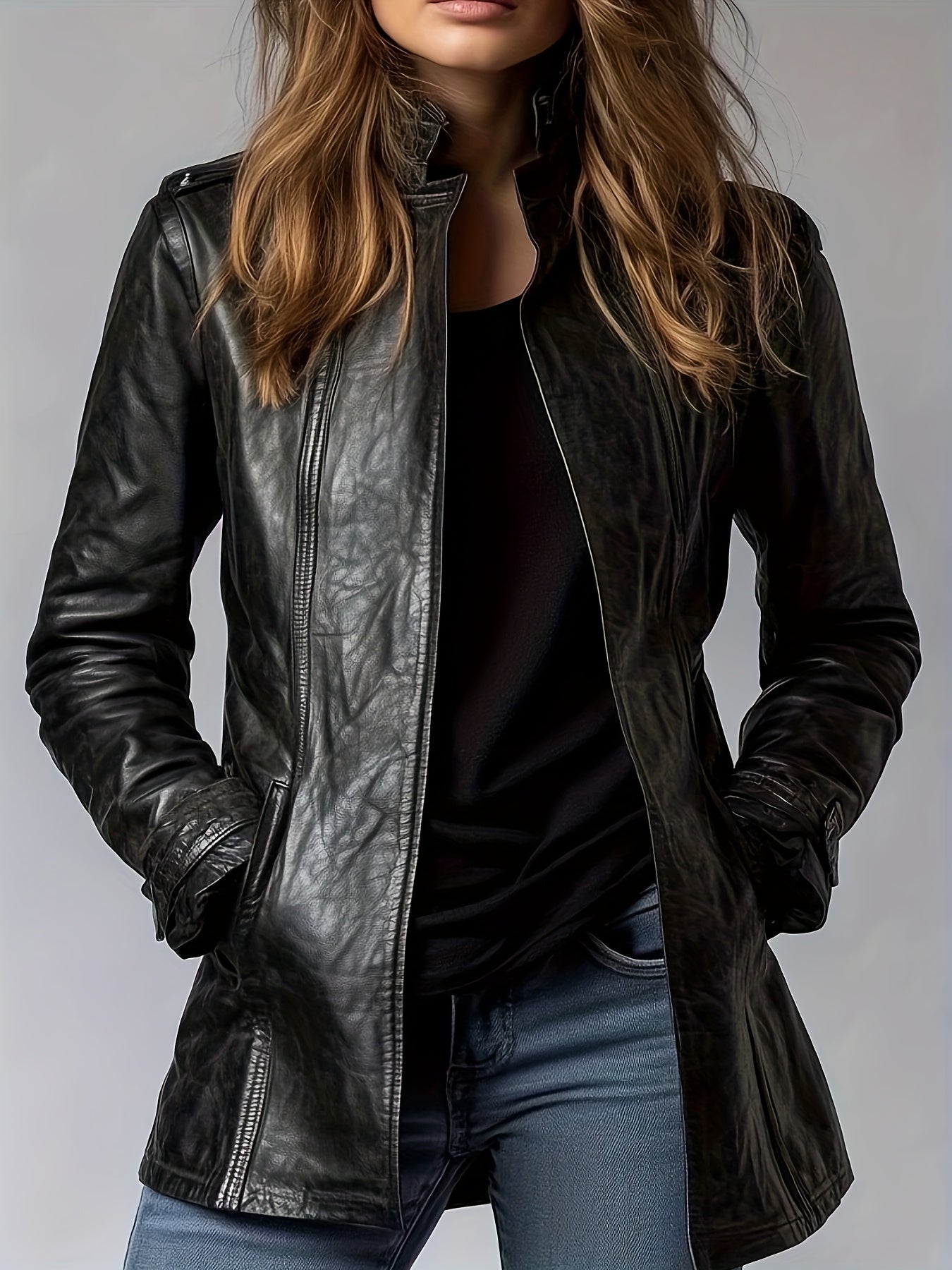 PU Spring, Summer, And Autumn Washable Casual Pocket Loose Mid-length Cardigan Jacket, Retro Motorcycle Jacket Long-sleeve Outerwear, 3D Effect, Stand Collar Design for Women's Long-sleeve Cardigan