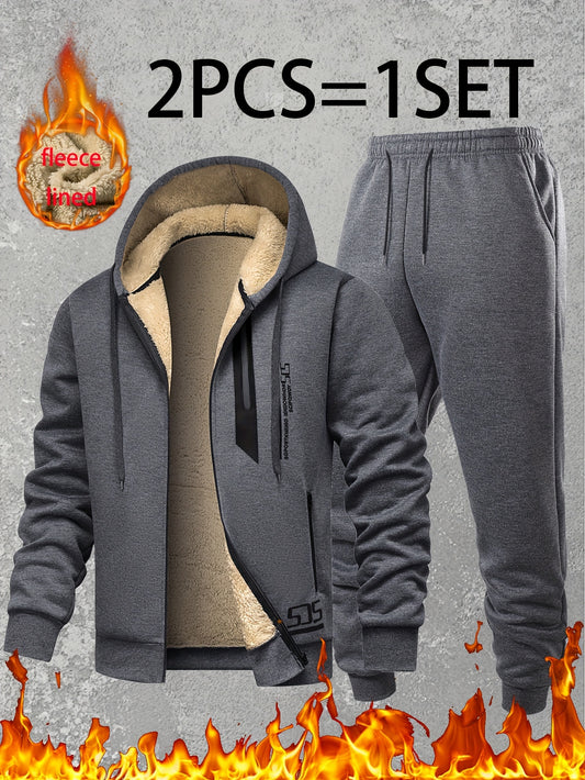 Men Thermal Fleece Jacket Set 2 Piece Full Zip Hooded Jacket And Jogger Pants