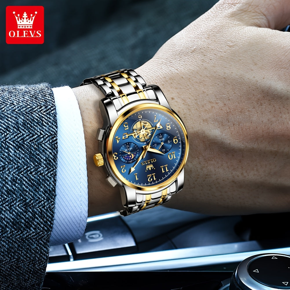 OLEVS Men's Luxury Quartz Watch Stainless Steel Moon Phase Chronograph
