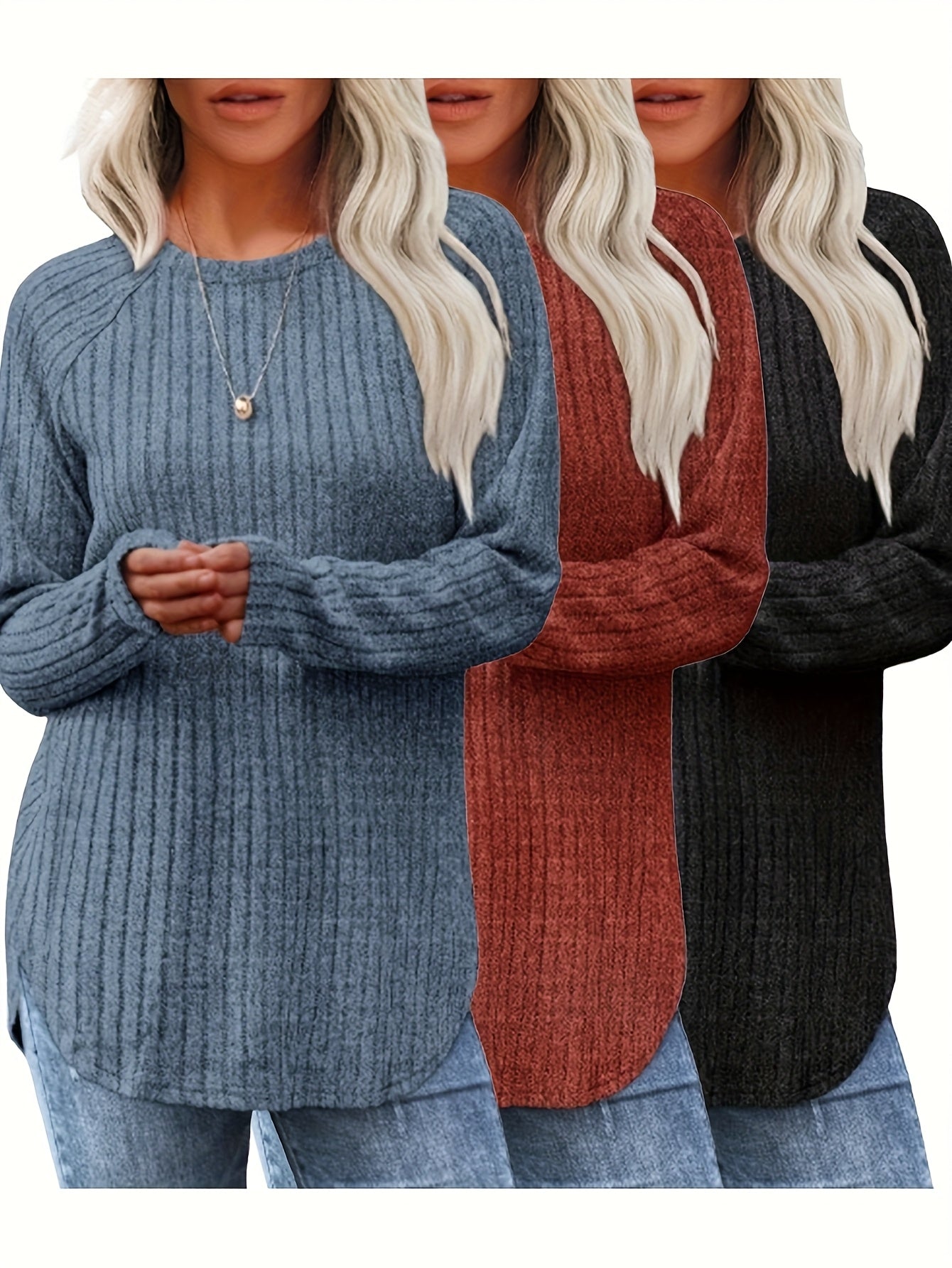 Three Piece Women's Casual Sweater Set With Round Neck Tee