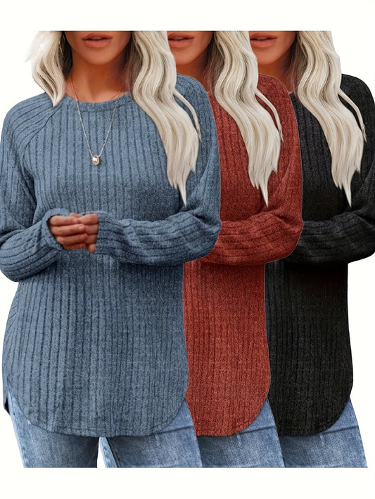 Three Piece Women's Casual Sweater Set With Round Neck Tee