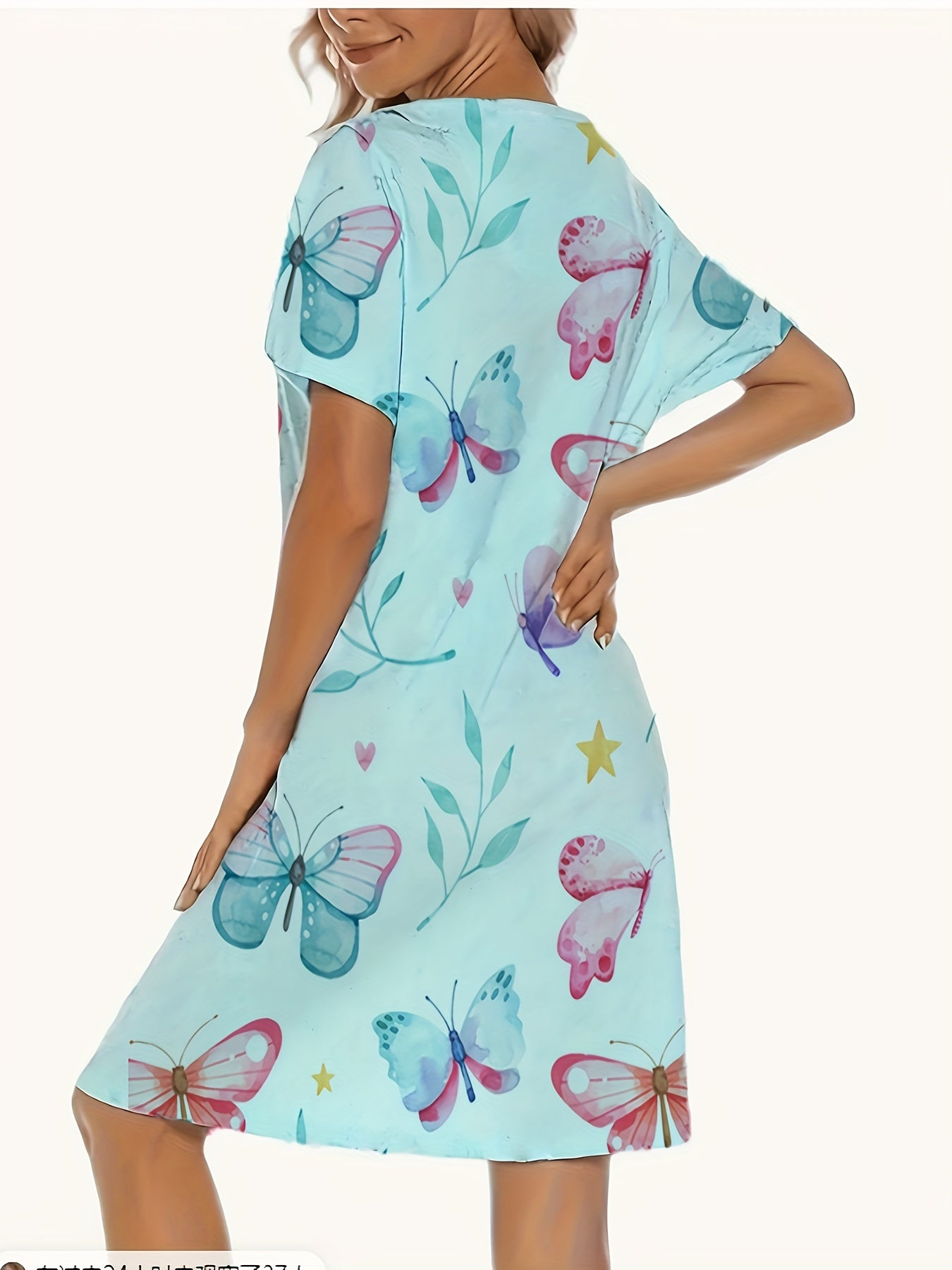 Women's Soft Polyester Sleep Dress - Round Neck, Short Sleeve