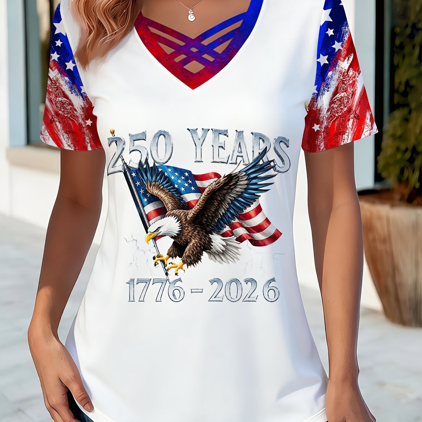 250 Years Anniversary Women's Trendy Full Print 250 Years Eagle V-neck T-shirt, 1776-2026 USA Flag Tee, for Semiquincentennial & Patriotic Gatherings T-shirt, Perfect for Daily Leisure Gifting & National Events Top