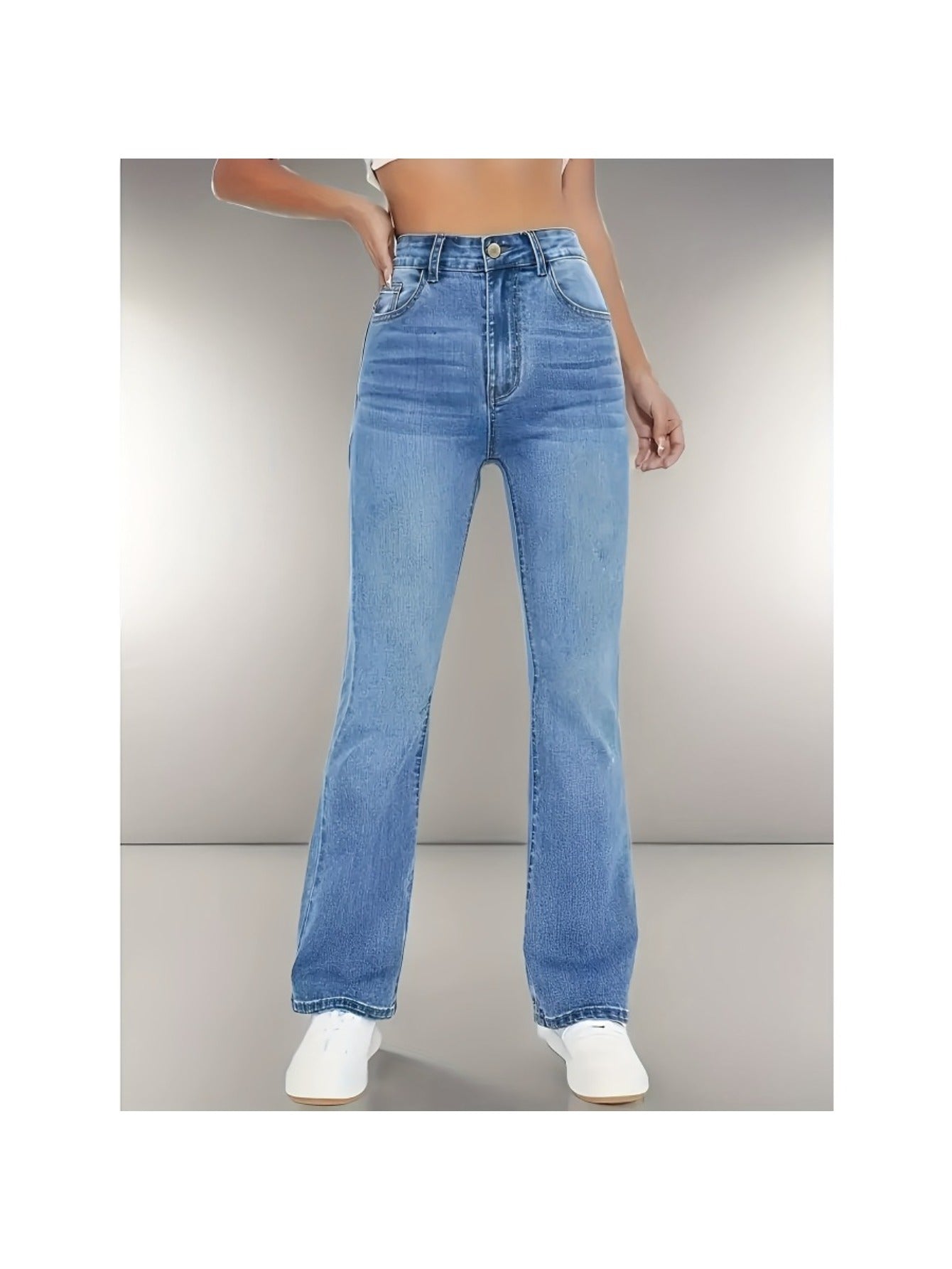 Women'S High-Waisted Stretch Flared Jeans | Tummy Control, Medium Stretch, Comfortable, Classic Blue Wash, Casual Office, All-season, Solid Color, Washed Detail