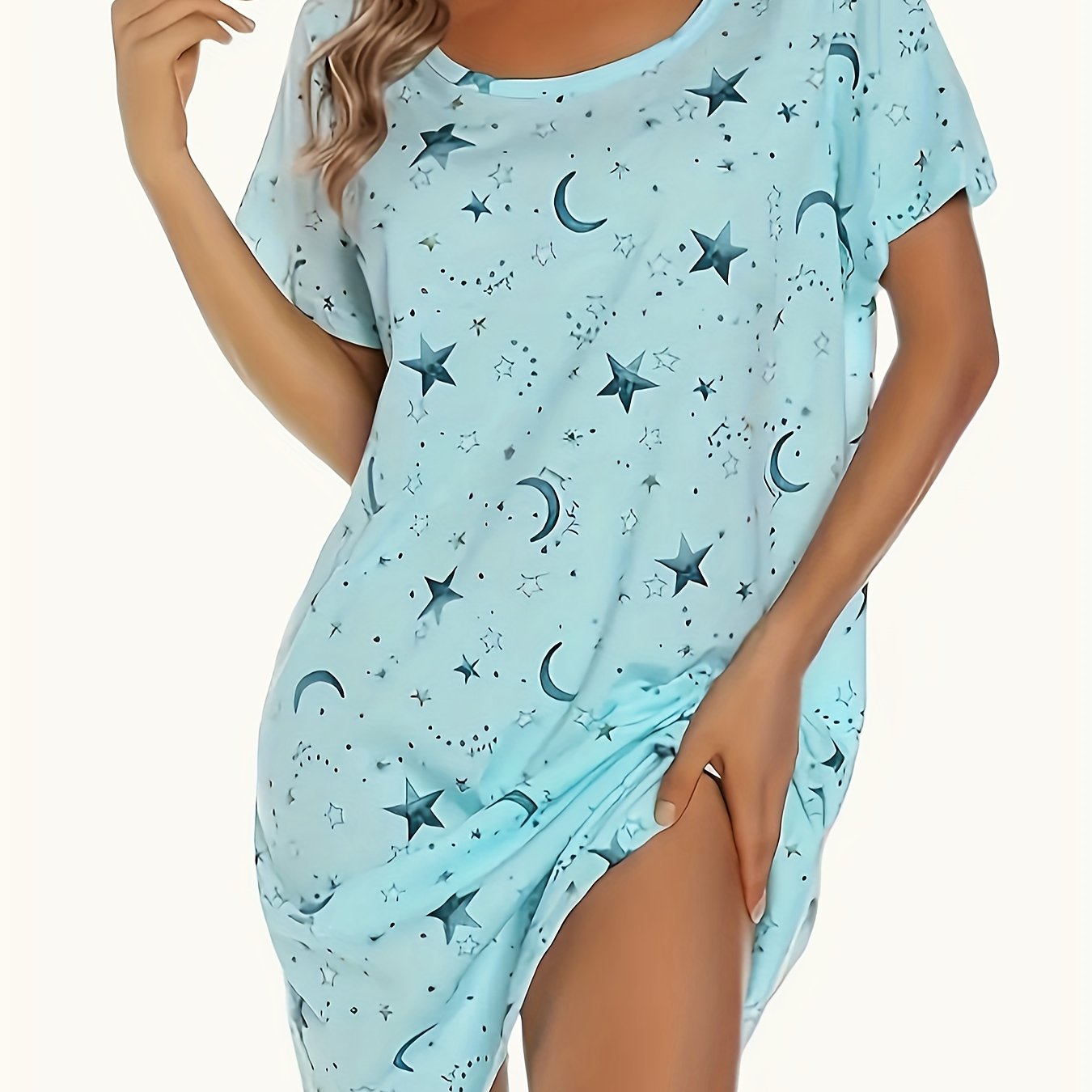 Women's Soft Polyester Sleep Dress - Round Neck, Short Sleeve