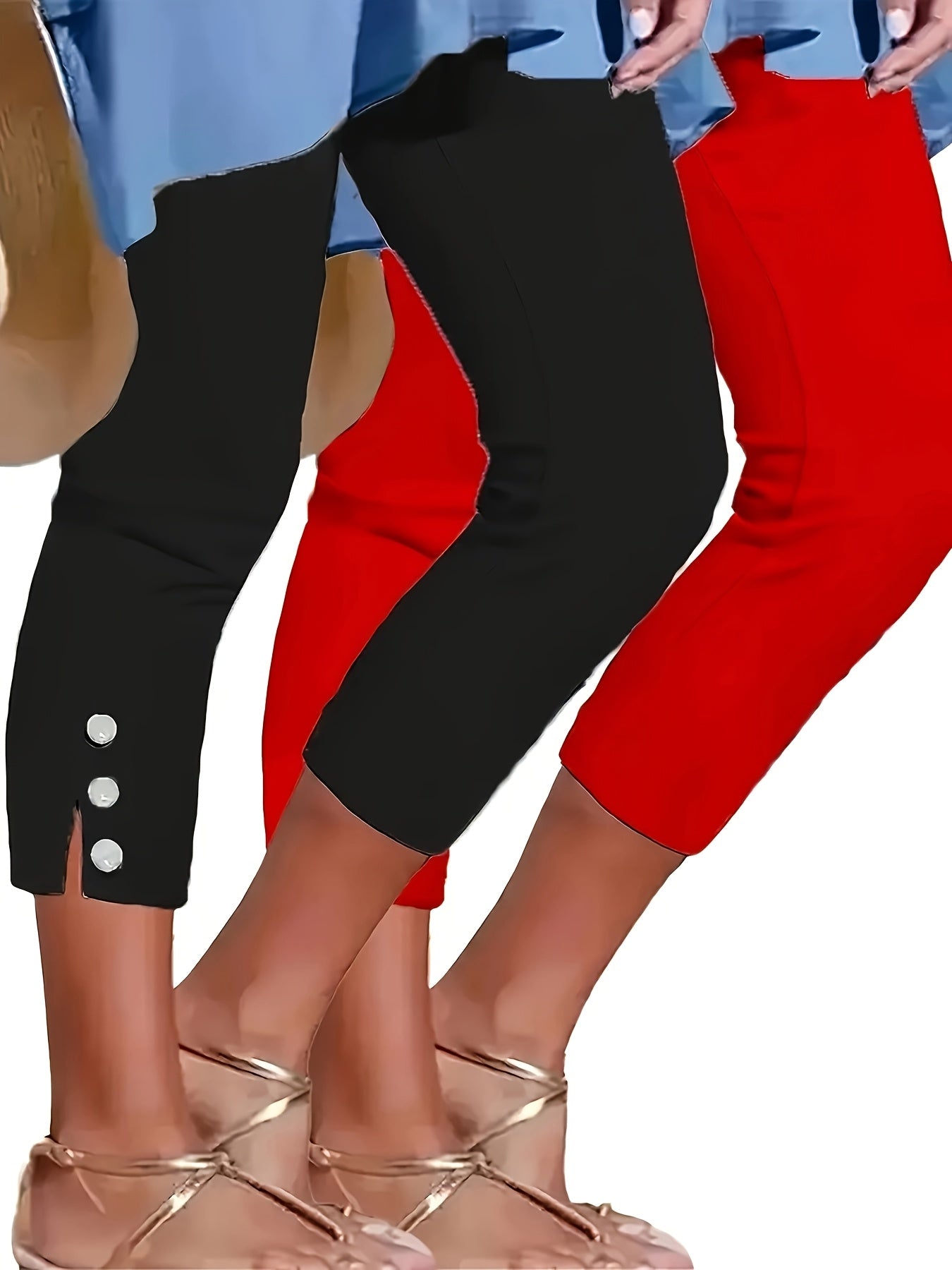 Two Pack Women's Slim Fit Capri Leggings With Button Detail