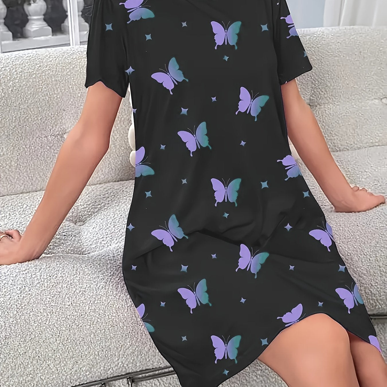 Women's Soft Polyester Sleep Dress - Round Neck, Short Sleeve