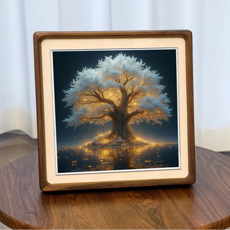 5D Diamond Painting Kit Glowing Tree With Lake Reflection And Stars Round Canvas