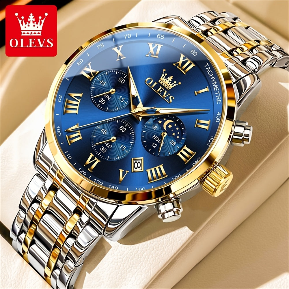 OLEVS Mens Watch Stainless Steel Chronograph Roman Numerals Moon Phases