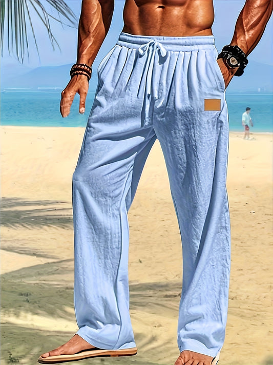 Men's Lightweight Cotton Beach Pants Quick Dry Loose Fit Casual Trousers with Adjustable Zipper Waistband Side Pockets Breathable Straight Leg Pants for Swimming Travel Everyday Summer Wear Machine Washable