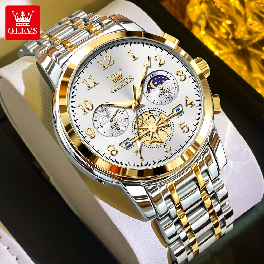 OLEVS Men's Luxury Quartz Watch Stainless Steel Moon Phase Chronograph