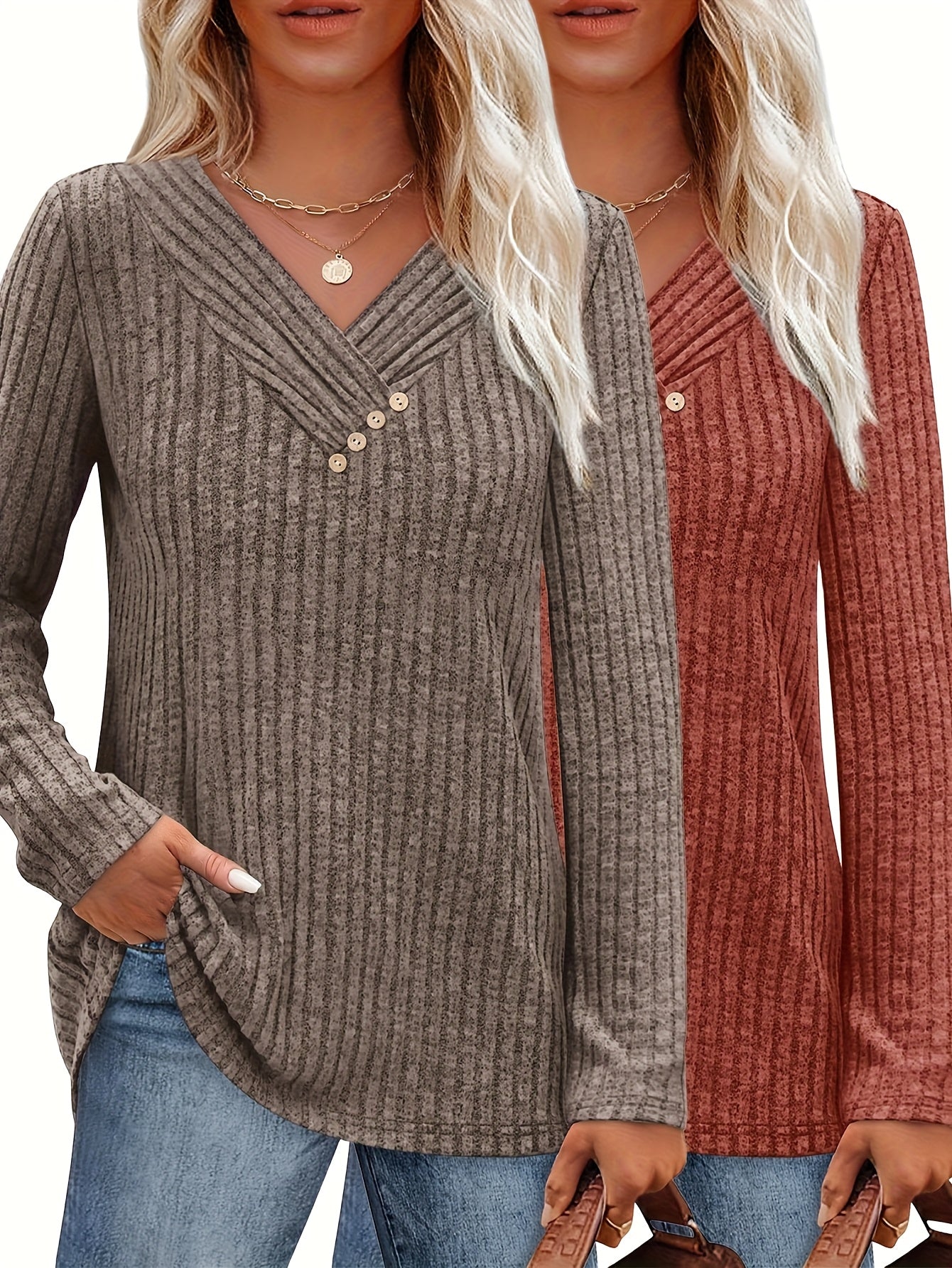 Women's Two-Piece V-Neck Button Pullover Cropped Sweater
