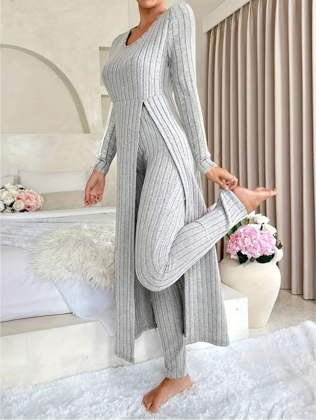 MORA QUIET Womens Fleece Two Piece Set Lounge Outfit With Wide Leg Pants