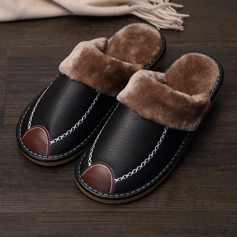 Men PU Slippers Slip On Indoor House Shoes Warm Comfort