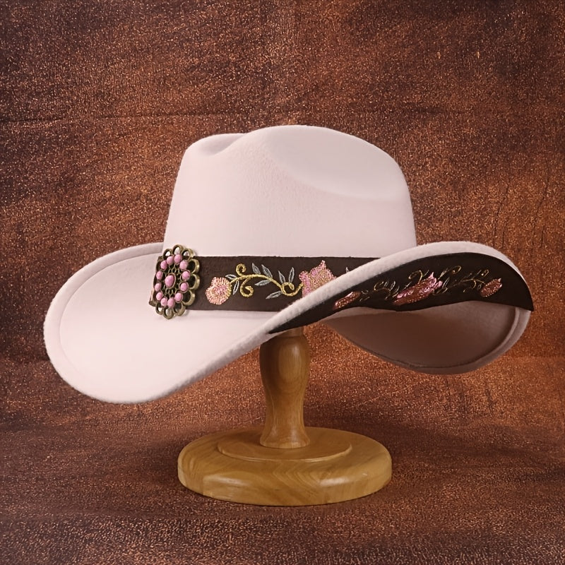 1pc Pink Floral Embroidered Hat | Ladies' British Soft Felt Cowboy Hat with Turquoise and Embroidered Belt, Ideal for Weddings, Holidays, and Parties.