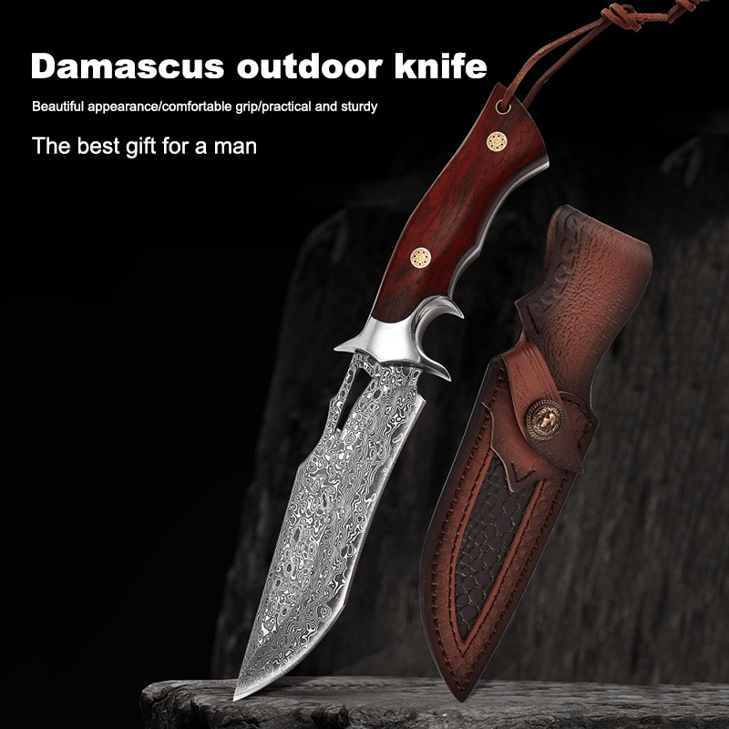 Damascus Hand Forged Fixed Blade Knife With Wooden Handle Sheath