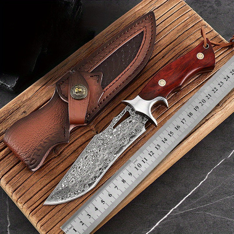 Damascus Hand Forged Fixed Blade Knife With Wooden Handle Sheath