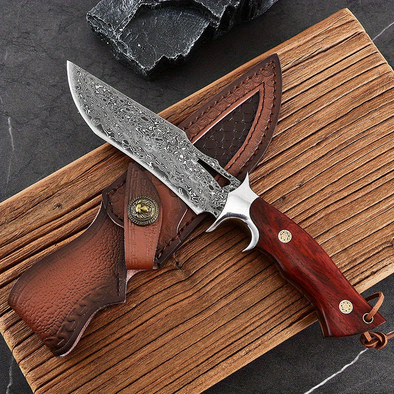 Damascus Hand Forged Fixed Blade Knife With Wooden Handle Sheath