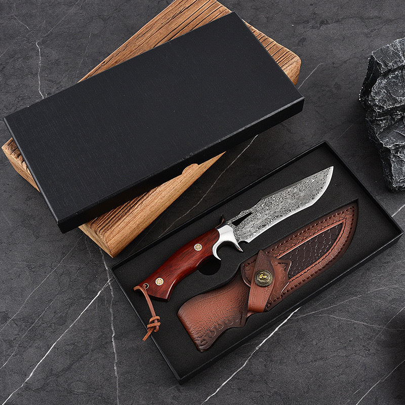 Damascus Hand Forged Fixed Blade Knife With Wooden Handle Sheath