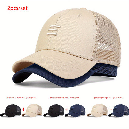 2pcs Set Women Lines Embroidered Baseball Mesh Cap Adjustable Sunscreen Leisure Hat