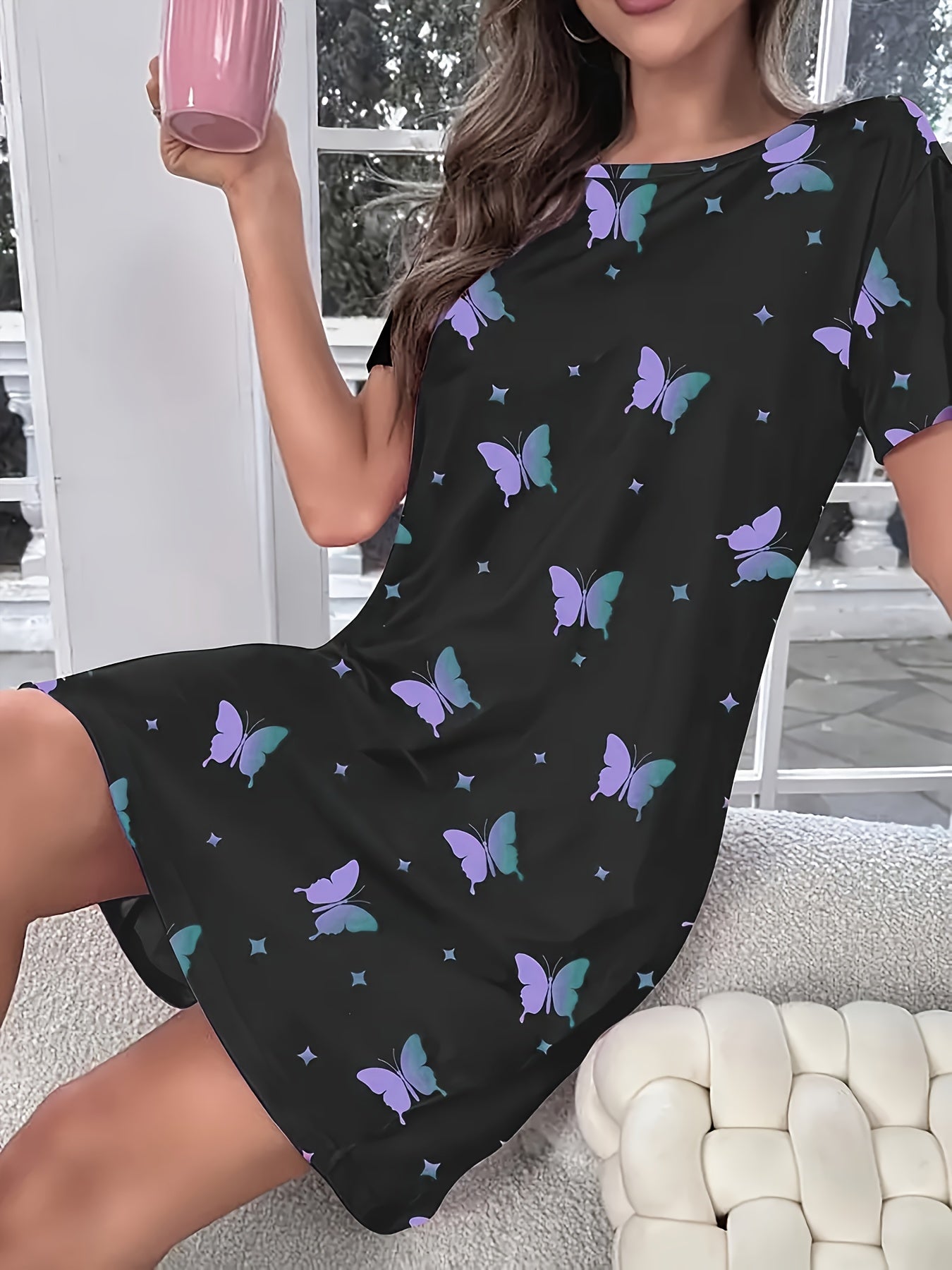 Women's Soft Polyester Sleep Dress - Round Neck, Short Sleeve