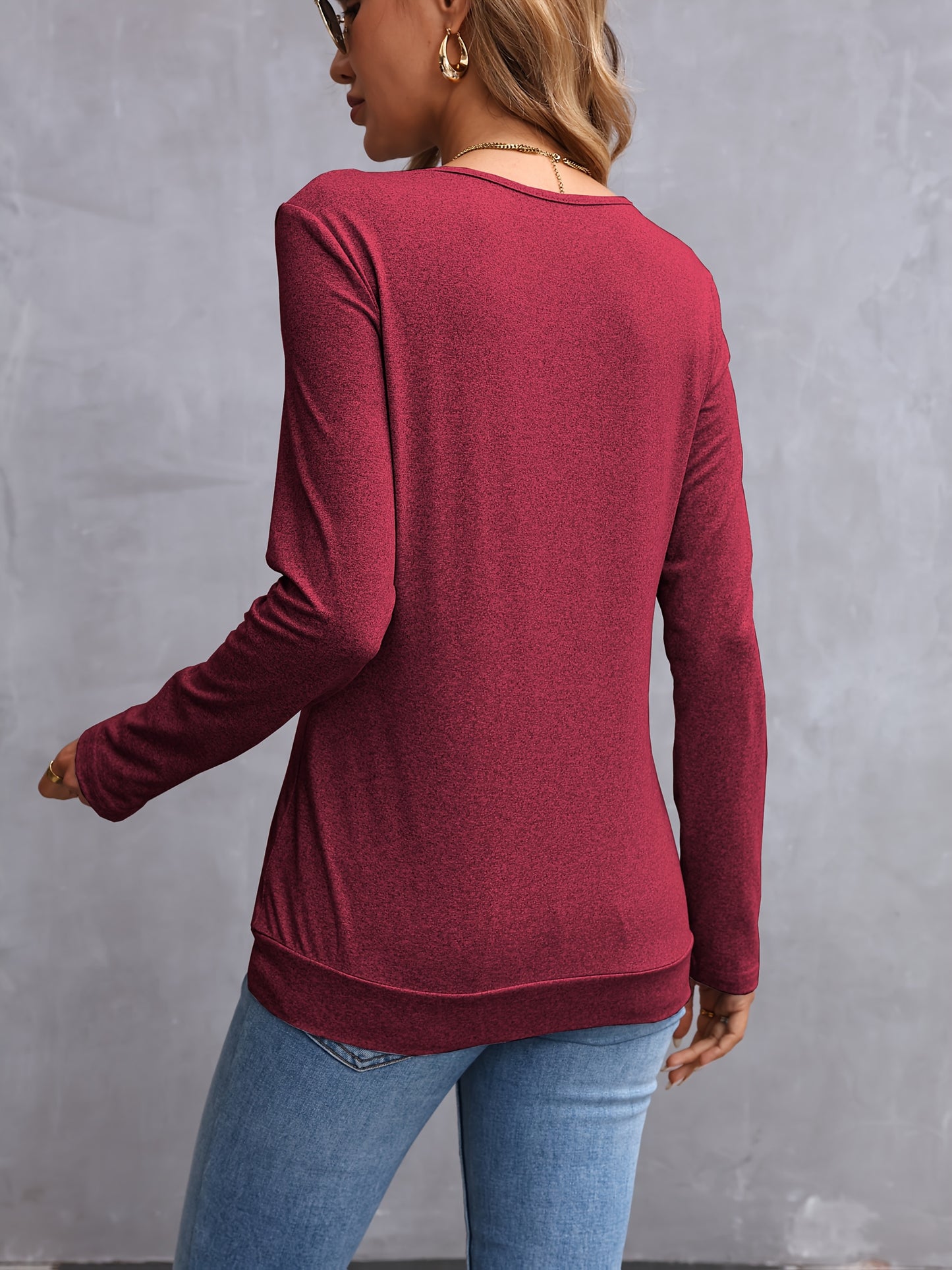 100% Polyester Elegant Long Sleeve V-Neck T-Shirt Solid Color Button Detail Regular Length