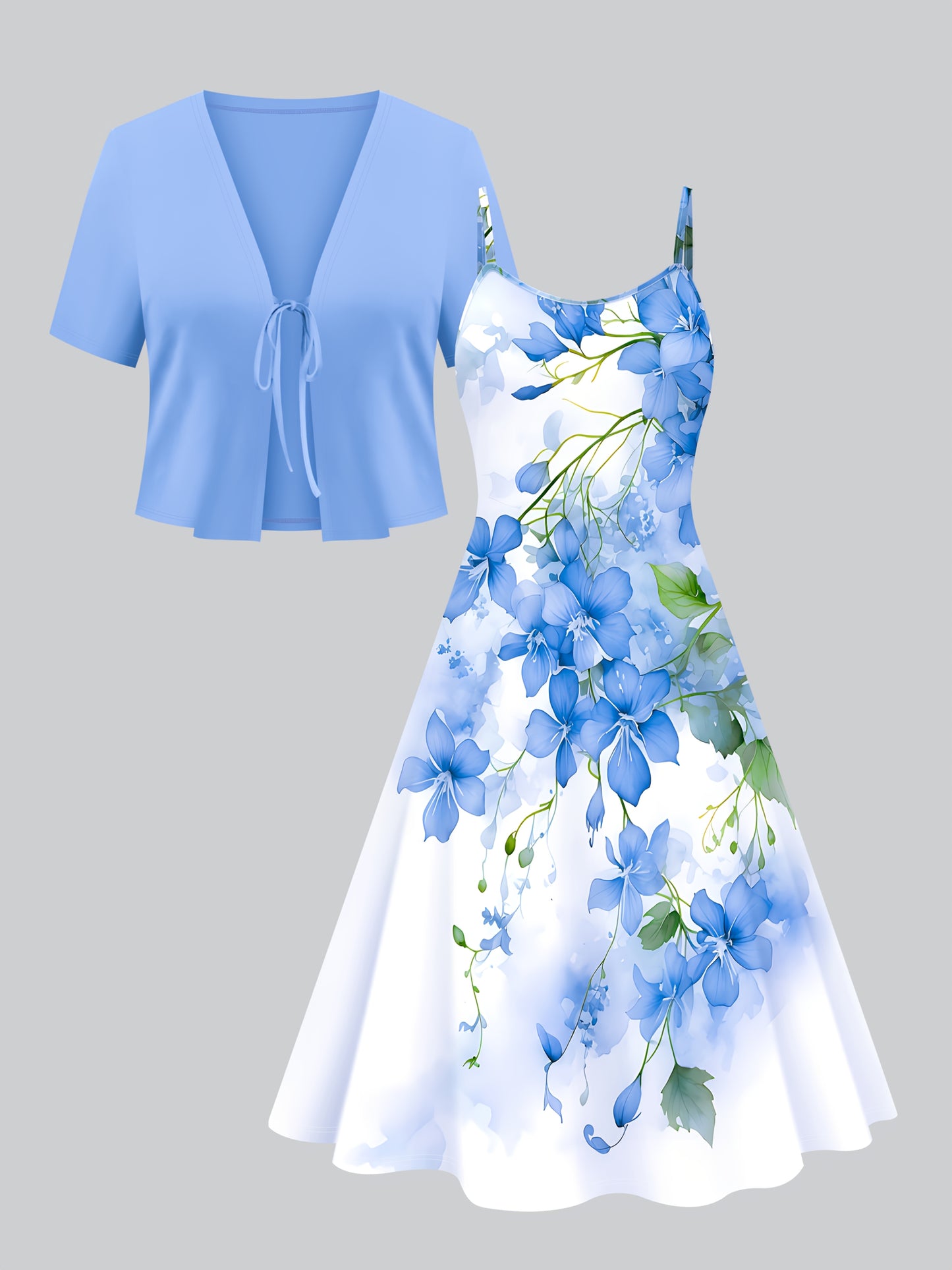 Elegant Women's Two-Piece Set Lace Up Top And Floral Dress