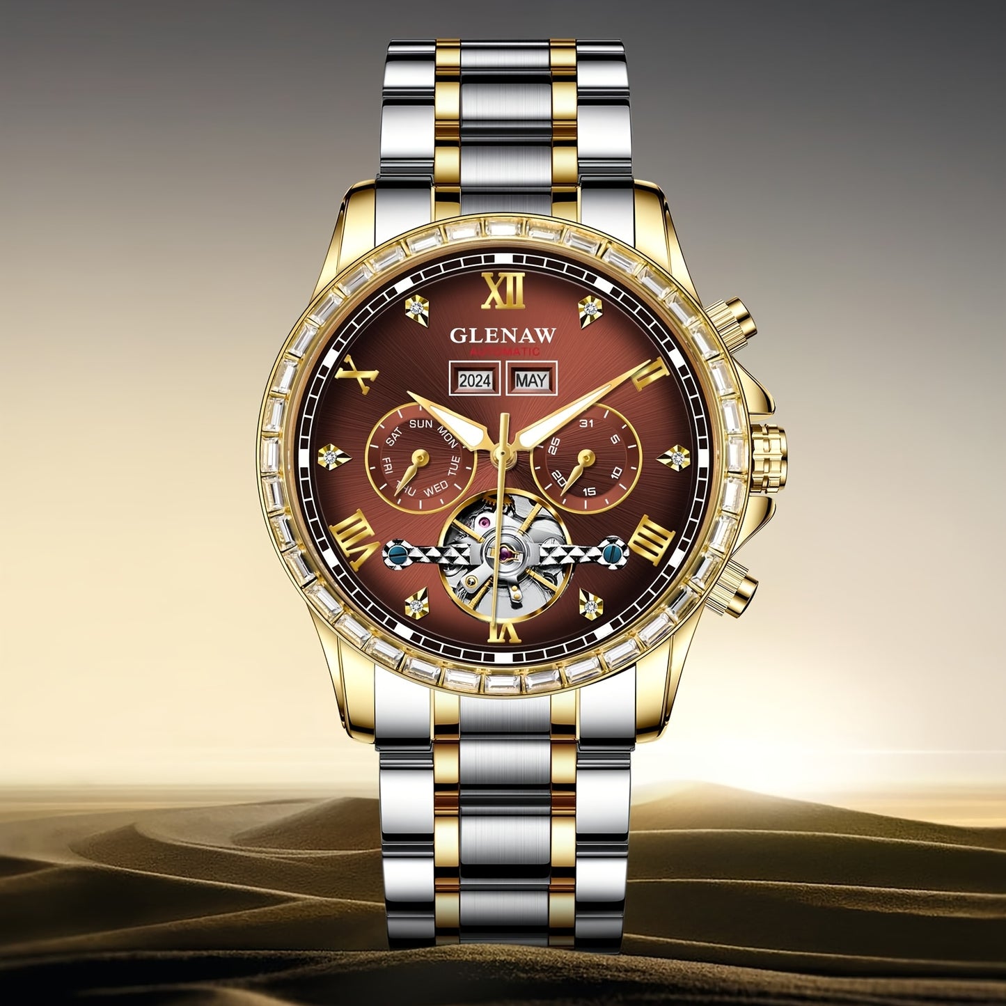 GLENAW Men's Luxury Automatic Mechanical Skeleton Watch With Date Display