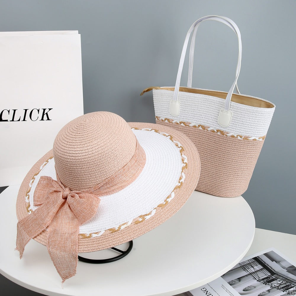 Hand- Straw Hat and Bag Set for Women, Beach Vacation Sun Hat Visor Hat
