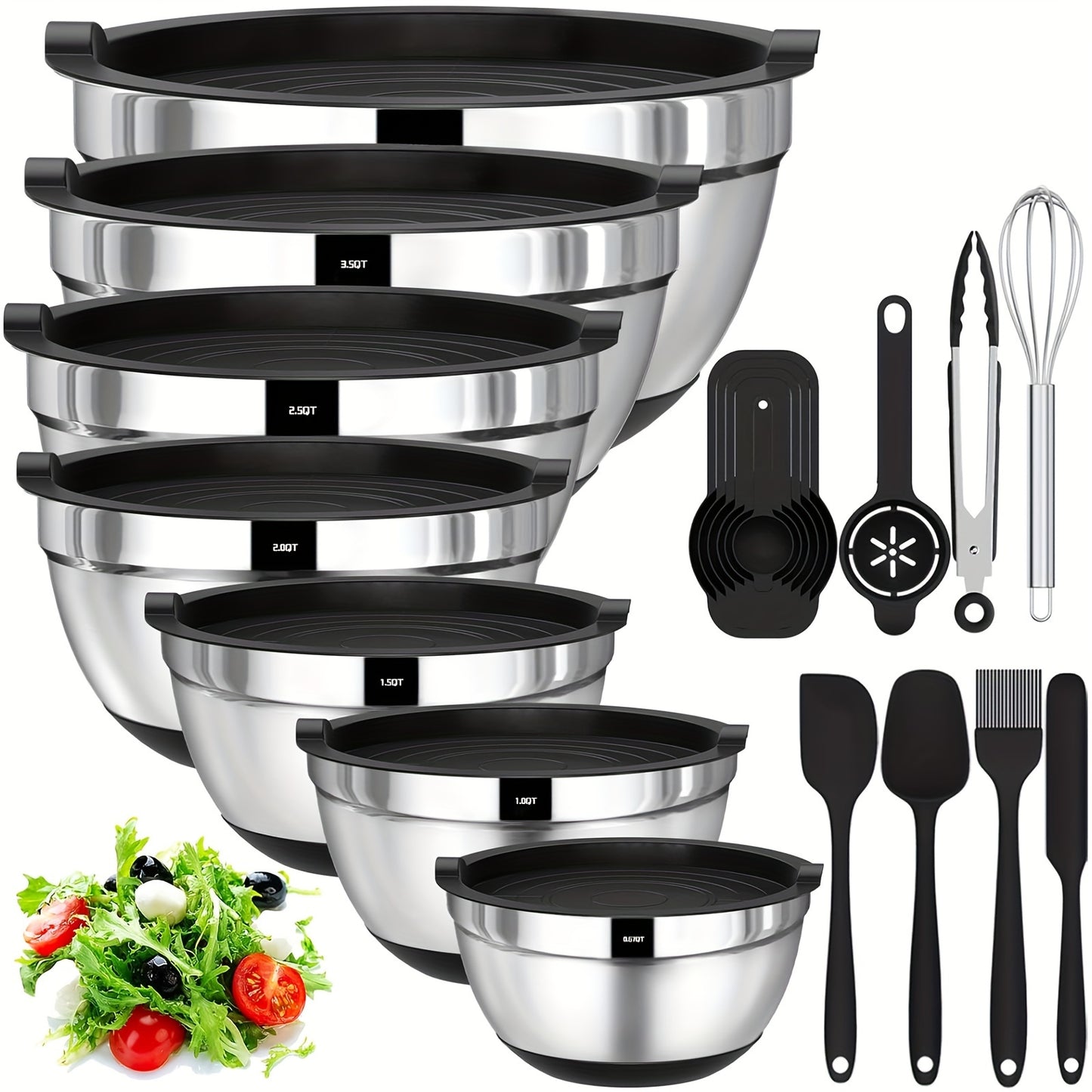 SKROAM Nesting Stainless Steel Mixing Bowl Set With Airtight Lids