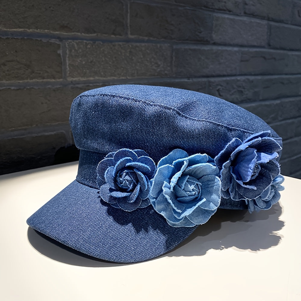 BODERI Women'S Denim Beret with Blue Roses - Lightweight, Elastic Fit for Outdoor Activities, Parties, and Casual Attire, Casual Headwear | Floral Embellished Beret | Texture Beret