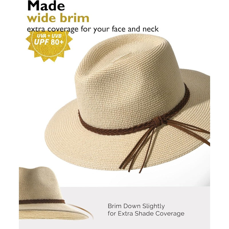 Sun Hats for Women Summer Wide Brim 80+ Panama Fedora Foldable Packable Straw Beach Hat