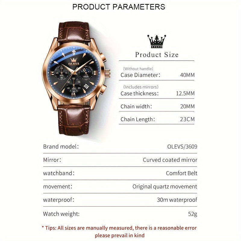 OLEVS Men's Analog Quartz Chronograph Moon Phase Waterproof Watch