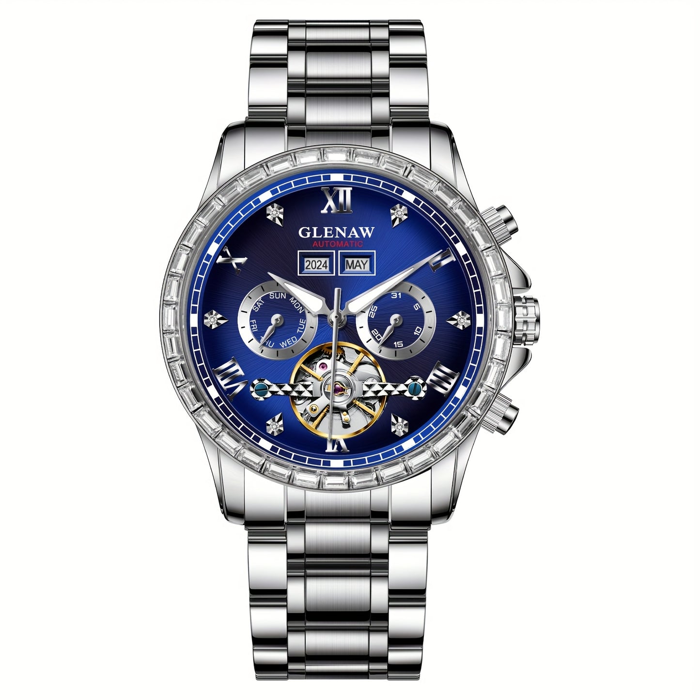 GLENAW Men's Luxury Automatic Mechanical Skeleton Watch With Date Display