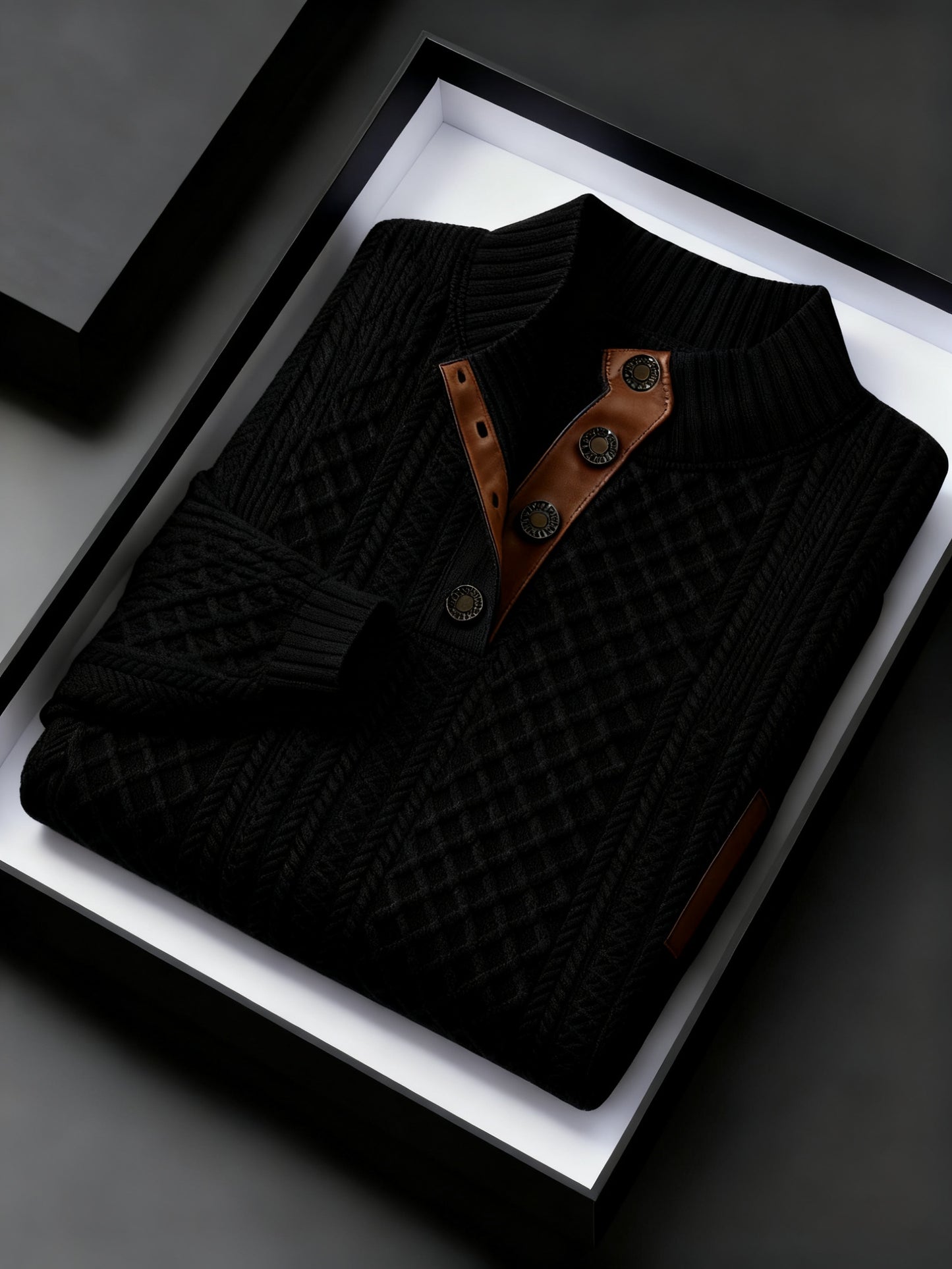 Men Jacquard Knit Stand Collar Sweater With Button Closure