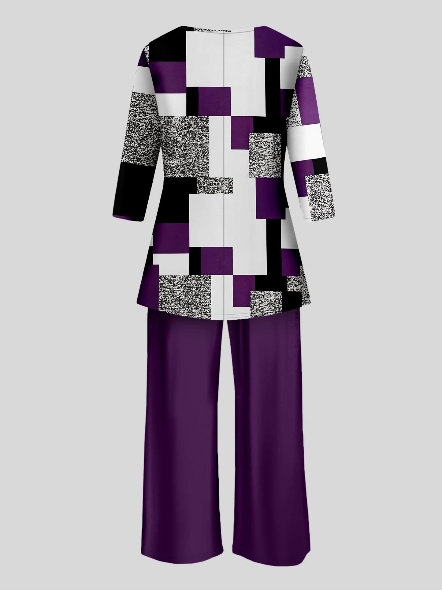 Geometric Print Long Sleeve Top And Solid Two-Piece Set