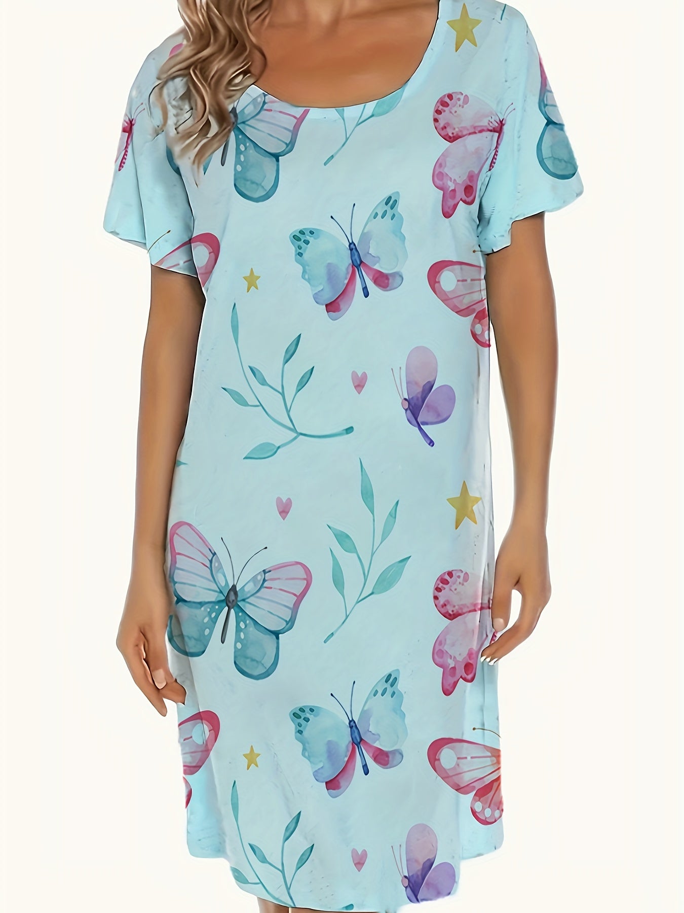 Women's Soft Polyester Sleep Dress - Round Neck, Short Sleeve