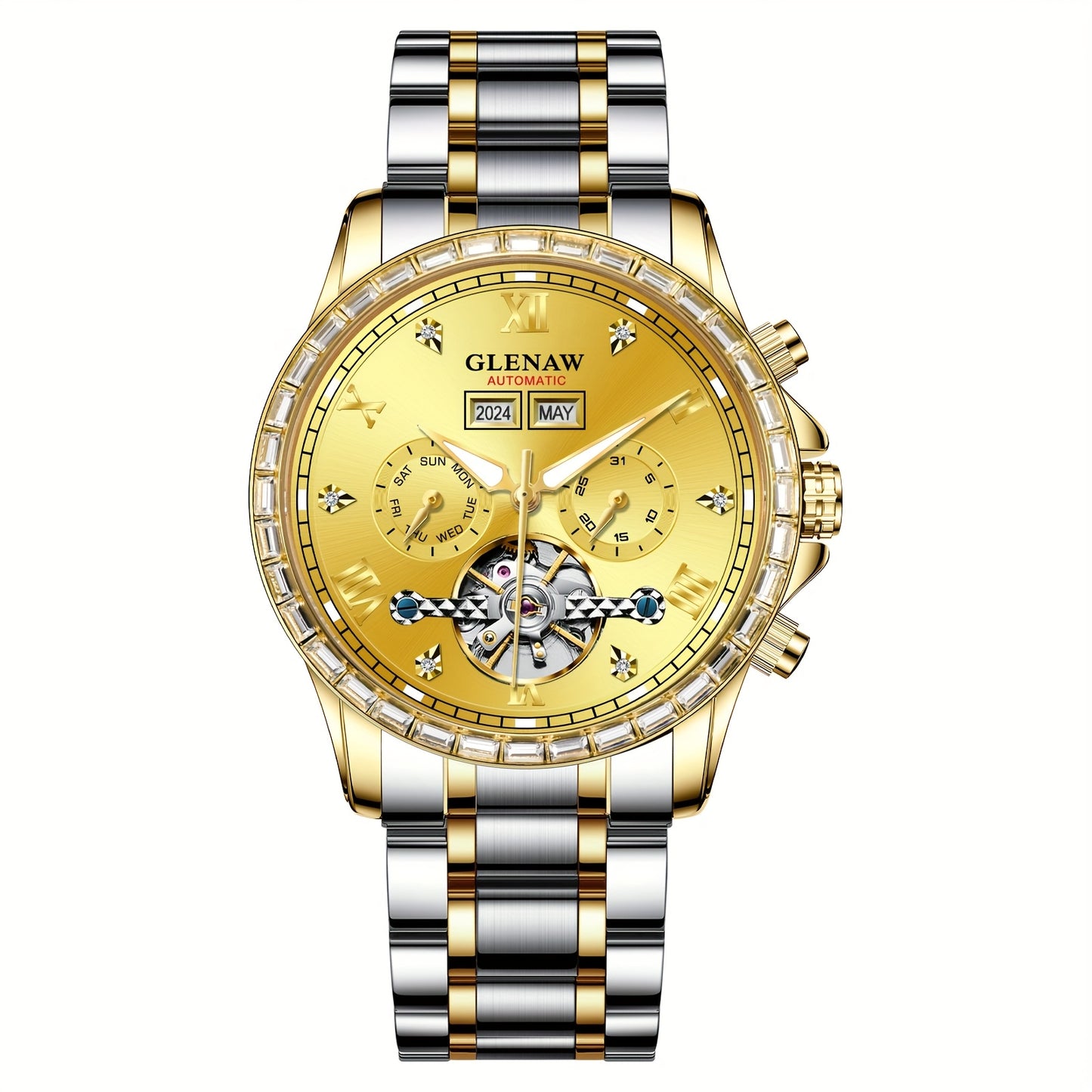 GLENAW Men's Luxury Automatic Mechanical Skeleton Watch With Date Display