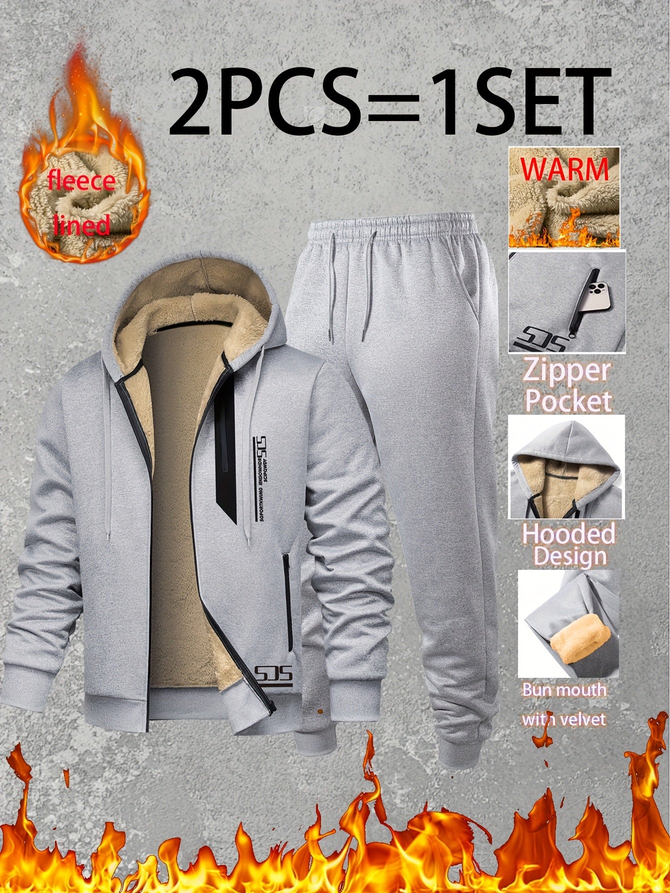 Men Thermal Fleece Jacket Set 2 Piece Full Zip Hooded Jacket And Jogger Pants