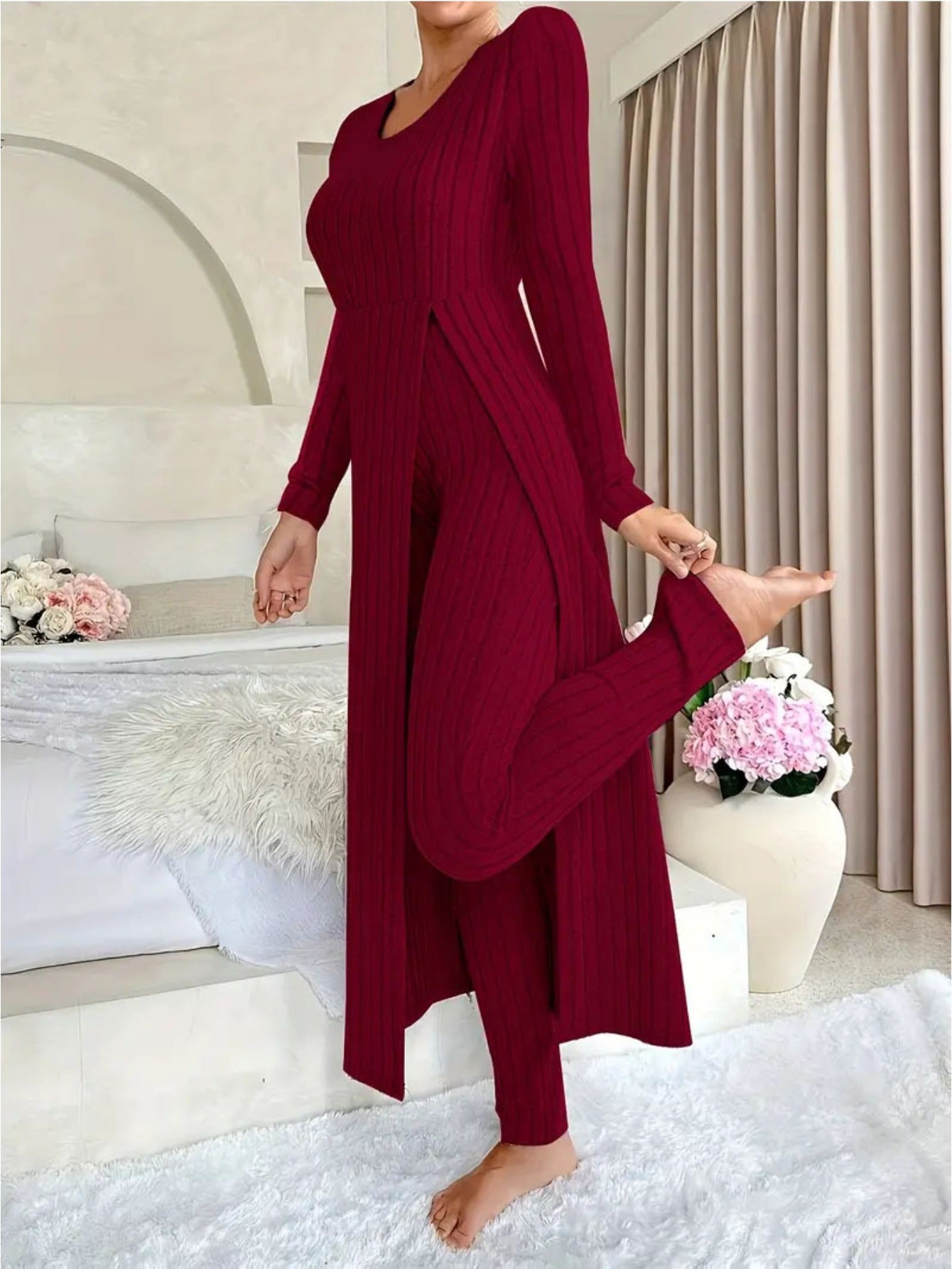 MORA QUIET Womens Fleece Two Piece Set Lounge Outfit With Wide Leg Pants