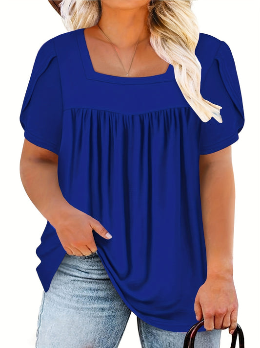 Plus Size Women's Petal Short Sleeve T Shirt - Square Neck, Flowy Pleated, Relaxed Fit