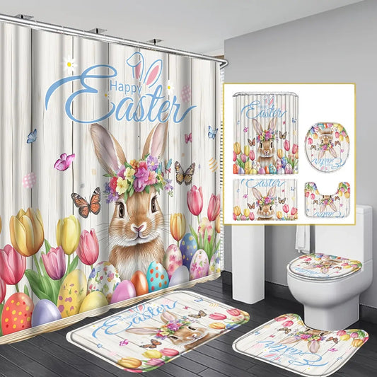Easter Shower Curtain Set with Non-Slip, Toilet U-Shape, Machine Washable Shower Curtain with 12 Hooks, Retro Spring Funny Rabbit Eggs Bathroom Decor Set with Additions-Yltz-Yltz